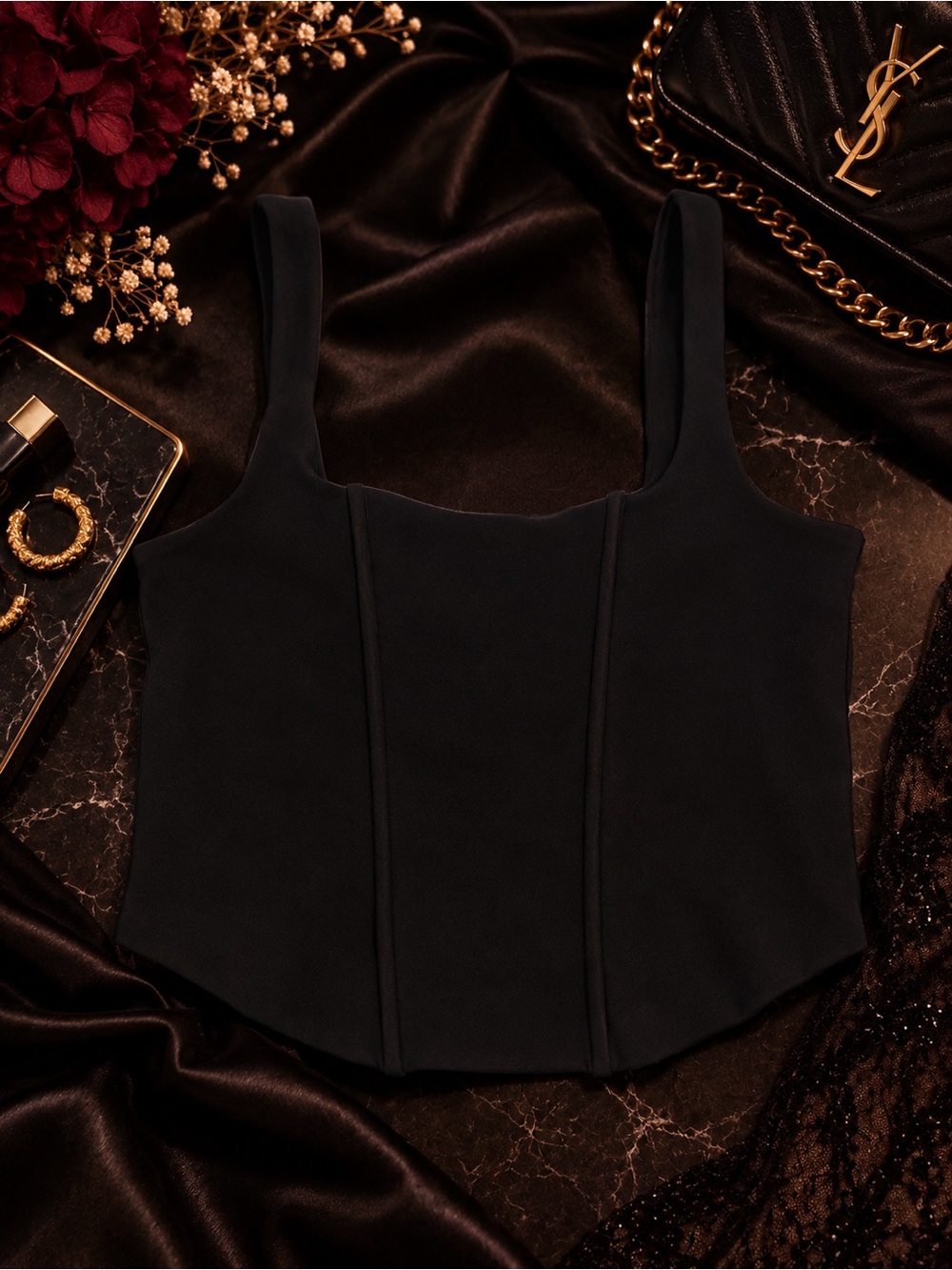 Forever 21 Black Corset-Style Tank with Square Neck